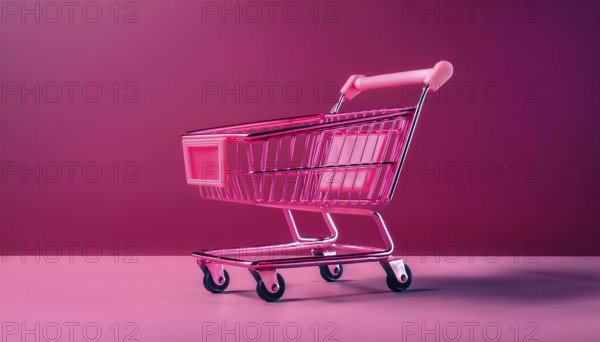 A bright pink shopping cart sits on a magenta background, symbolizing online shopping and e-commerce. The minimalistic setup highlights a futuristic, cyber-focused retail experience, AI generated
