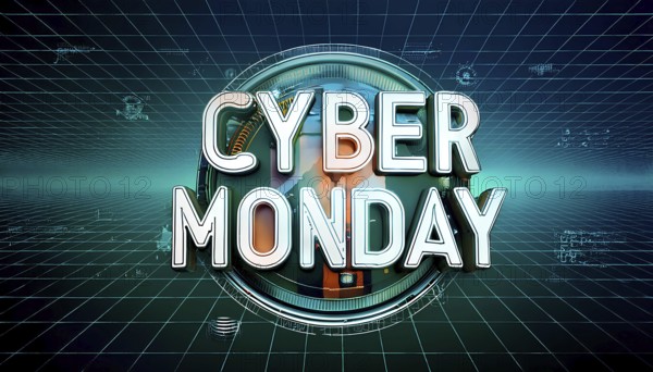 Cyber Monday sale banner with futuristic digital design, featuring bold typography and gridlines, perfect for online shopping and ecommerce promotions, AI generated