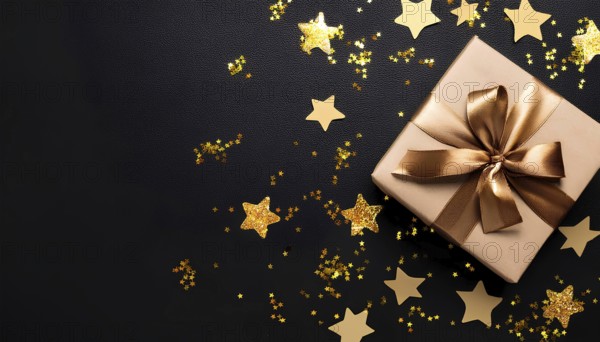A gold-wrapped gift box with a satin ribbon placed on a black background, surrounded by glittering golden star confetti, creating a festive and luxurious holiday scene, AI generated