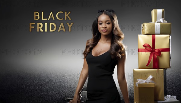 Confident woman in black standing next to a stack of golden gift boxes with red and white ribbons, alongside Black Friday text. Perfect for sales and holiday shopping promotions, AI generated