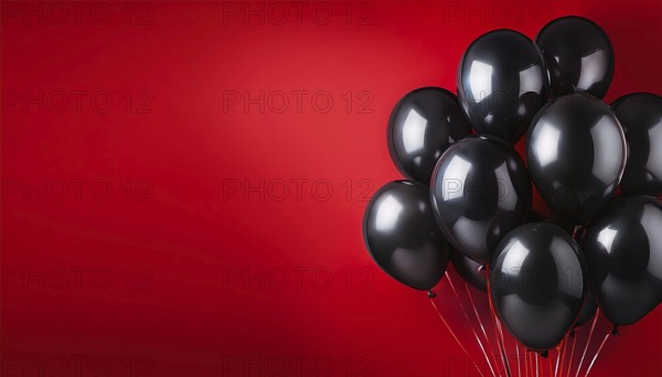 A group of shiny black balloons against a vibrant red background, creating a bold and festive atmosphere. Perfect for celebrating shopping events like Black Friday and holiday promotions, AI generated
