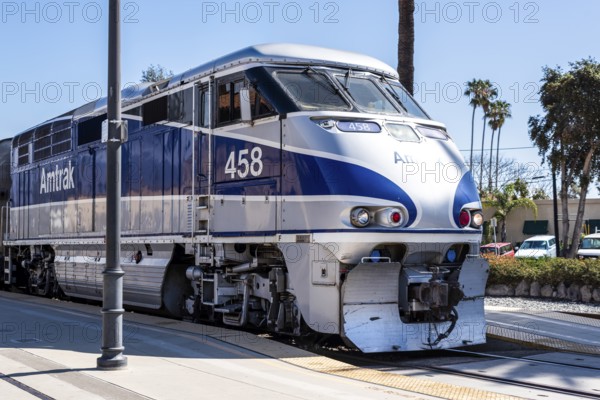 The Amtrak train awaits passengers at the Santa Barbara station in California