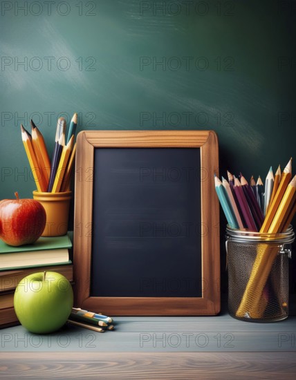 A collection of school supplies, including pencils, books, and apples, arranged on a desk with a blank chalkboard in the background, symbolizing back to school, AI generated