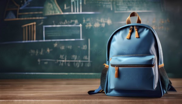 A blue backpack resting on a wooden desk with a chalkboard displaying math equations in the background. Represents a back-to-school concept focused on academic preparation, AI generated