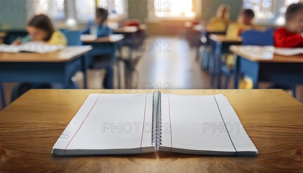 Open spiral notebook placed on a wooden desk in a classroom with students studying in the background. Represents a back-to-school concept focused on learning and education, AI generated