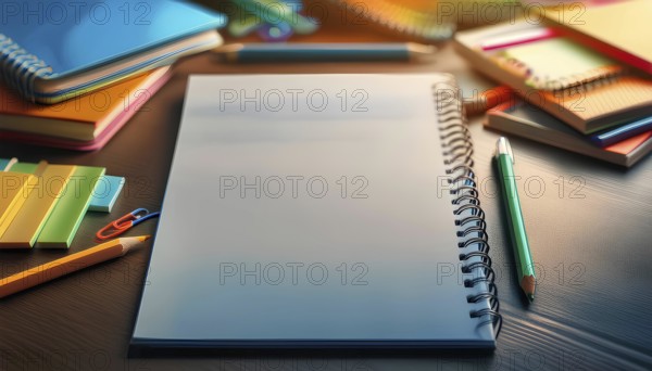 An open spiral notebook placed on a desk surrounded by colorful school supplies, including pencils, notepads, and paper clips. Represents a back-to-school concept with study essentials, AI generated
