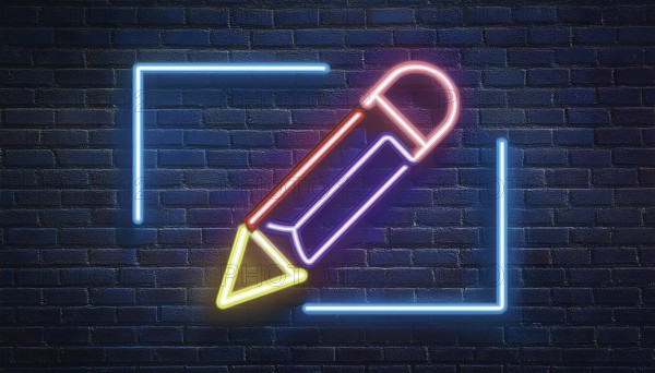 A neon sign in the shape of a pencil is illuminated against a dark brick wall background. The vibrant colors of the neon light create a striking contrast, symbolizing creativity and education, AI generated