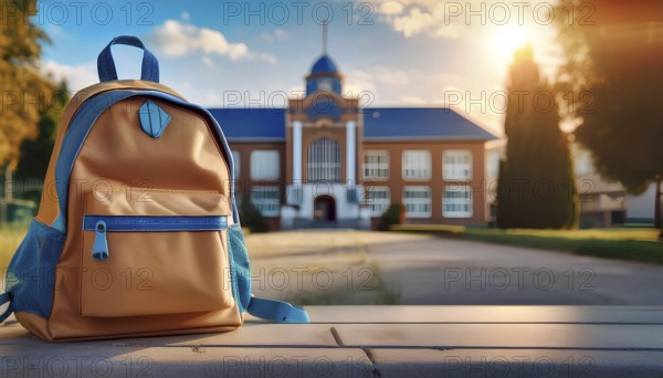 A brightly colored school backpack sits on a bench in the foreground, with a school building in the background during a sunny day. This image captures the essence of back-to-school season and the excitement of a new academic year, AI generated