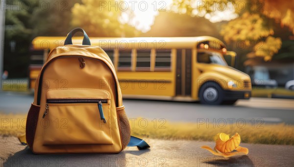 A brightly colored school backpack is placed on the pavement, with a school bus in the background during a sunny autumn day. This image captures the essence of back-to-school season and daily school routines, AI generated