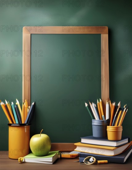 A back to school scene featuring a green blackboard surrounded by school supplies including pencils, books, an apple, and a magnifying glass. The image conveys readiness and excitement for the new school year, AI generated
