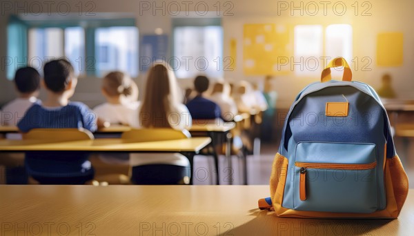 A brightly colored school backpack is placed on a desk in the foreground, with students seated in a classroom setting in the background. The image captures the essence of the back-to-school season, AI generated