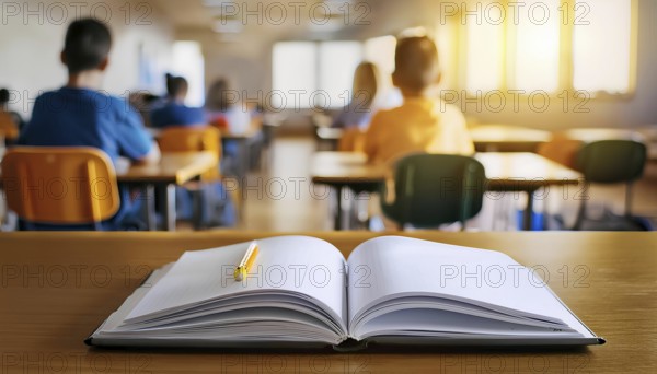 An open notebook with a pencil lies on a desk in the foreground, while students sit at their desks in a classroom setting in the background. The image captures a typical school day environment, AI generated