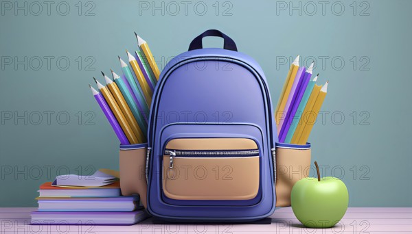 A blue backpack with a green apple and a bunch of pencils on top of it. The backpack is on a table with books. Back to school concept, AI generated