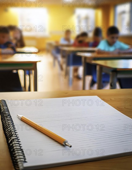 A notebook with a pencil rests on a classroom desk, with students working in the background, capturing a moment of focus and learning in a school setting, AI generated