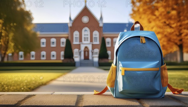 A blue backpack with yellow accents placed on a ledge in front of a school building, surrounded by autumn trees, symbolizing the back-to-school season, AI generated