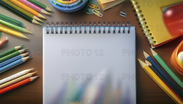 A spiral notebook is surrounded by an assortment of colorful pencils, notebooks, and stationery items on a wooden desk, capturing the essence of creativity and organization, AI generated