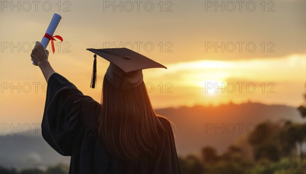 A graduate wearing a cap and gown raises a diploma with a red ribbon while standing outdoors at sunset, symbolizing achievement and new beginnings, AI generated