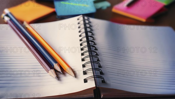 Three colorful pencils rest on an open spiral notebook with lined paper, surrounded by vibrant stationery, representing study and note-taking, AI generated
