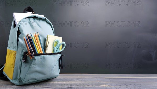 A blue backpack with a yellow pocket sits on a wooden table. Inside the backpack, there are pencils, a notebook, and scissors. The backpack is ready for school. Back to school concept, AI generated