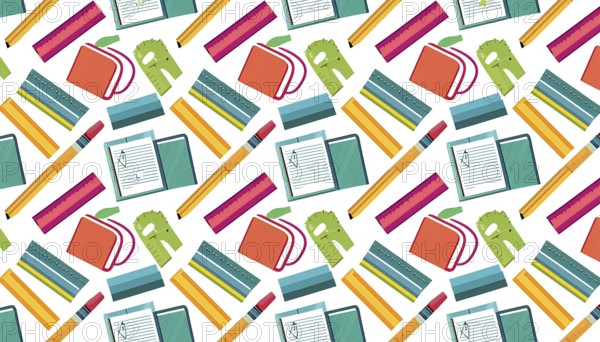 A colorful pattern of school supplies including pencils, pens, rulers, and books. Concept of organization and preparedness for learning. Back to school concept, AI generated