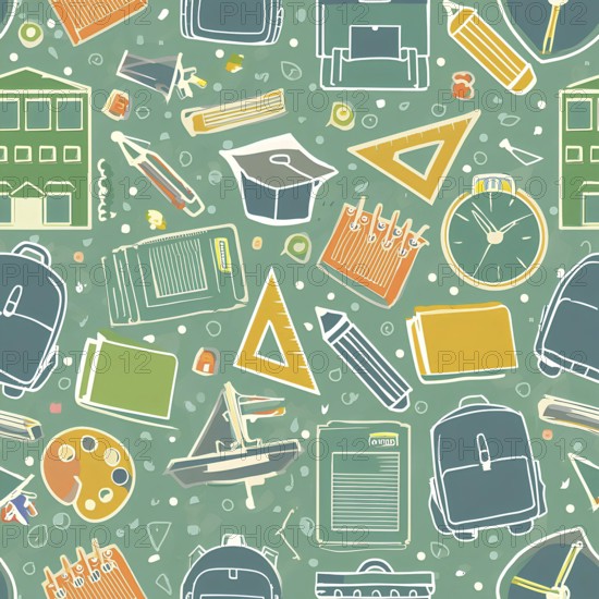 A colorful pattern of school supplies including a backpack, a book, a ruler, a pencil, and a clock. Back to school concept, AI generated
