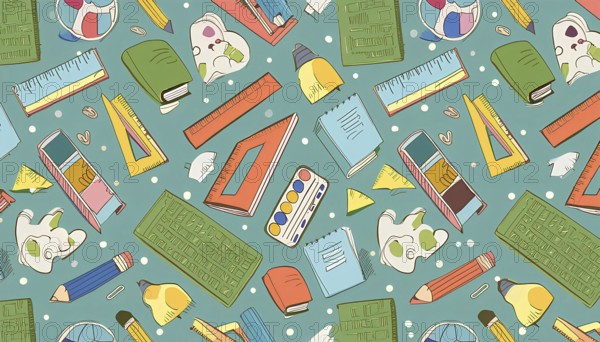 A colorful pattern of school supplies including pencils, pens, rulers, and books. Concept of creativity and learning. Back to school concept, AI generated