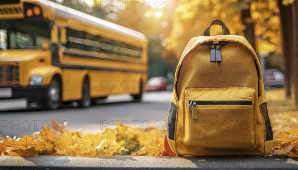 A yellow backpack sits on a sidewalk covered with autumn leaves, with a yellow school bus blurred in the background, representing the back-to-school season, AI generated