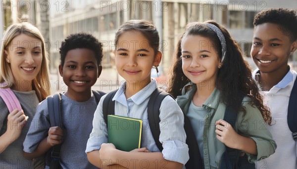 A group of diverse school children smiles outdoors. The children, holding backpacks, are ready for a day of learning and adventure, AI generated