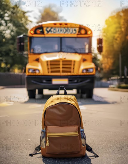 A brown backpack placed on the road with a yellow school bus approaching in the background. The image captures the essence of back-to-school season and student transportation, AI generated