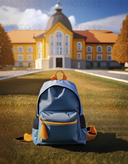 A blue and yellow backpack placed on the lawn of a school campus with a large, historic building in the background. The image evokes the start of the school year and back-to-school season, AI generated