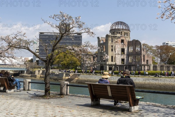 Tourists sitting on a bench under blossoming cherry trees, Sakura, Atomic Bomb Dome behind them, ruins of the former Chamber of Commerce and Industry building, landmark, UNESCO World Heritage Site, peace memorial and memorial to the victims of the atomic bombing of Hiroshima in the Peace Park on the Otagawa River, Naka Ward, Hiroshima, Japan