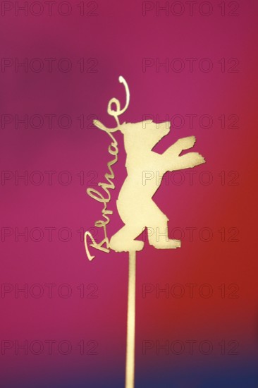 Background image, close-up, logo, golden bear with Berlinale lettering at a press conference during the 75th Berlin International Film Festival, Germany