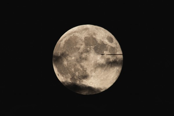 Flight over the full moon. Frankfurt am Main, Hesse, Germany