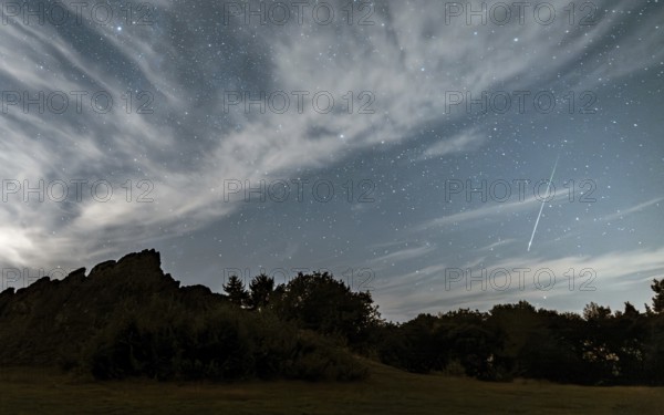 Perseids over the Eschbach cliffs. Usingen, Taunus, Hesse, Germany
