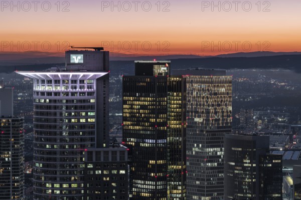 Dusk over the financial metropolis. Banking district, Frankfurt am Main, Hesse, Germany