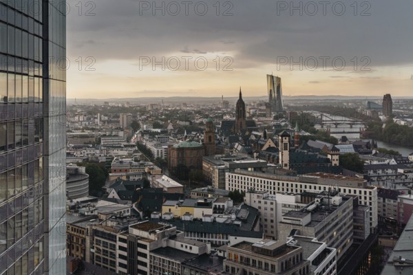 View of the old town, the banks of the Main and the ECB. Frankfurt am Main, Hesse, Germany