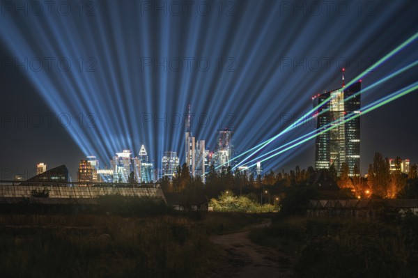 Laser show over the metropolis on the Main. Oberrad, Frankfurt am Main, Hesse, Germany