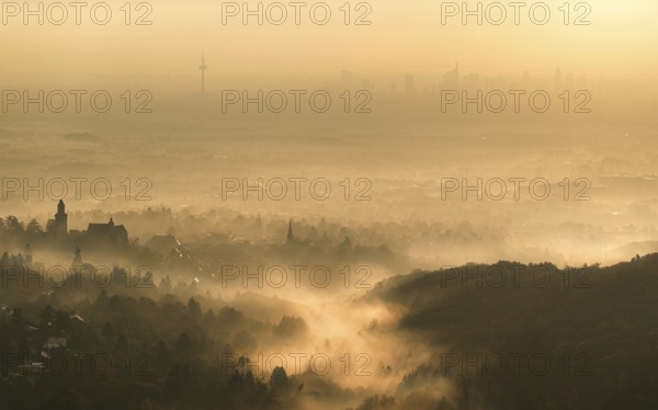 Frankfurt skyline sinks into the early morning fog. Dettweiler Tempel, Königstein im Taunus, Hesse, Germany