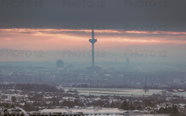 Europaturm in the winter morning fog. Europa Tower, Ginnheim, Frankfurt am Main, Hesse, Germany