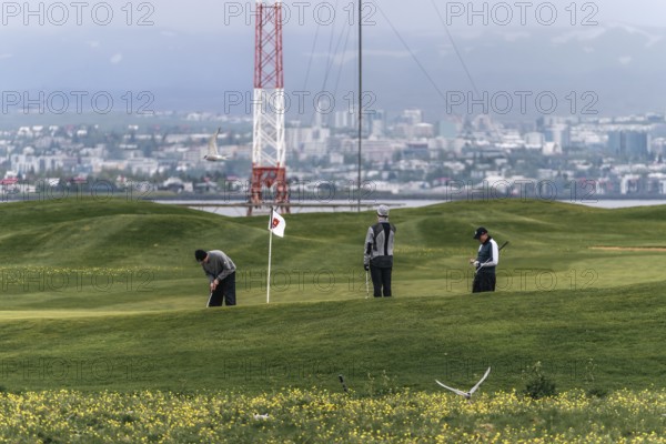 Golfing with a view of Reykjavik. Fairways meet Icelandic skyline. Reykjavik, Iceland