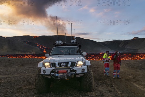 Icelandic rangers secure volcanic zone and lava field. Fagradalsfjall, Reykjanes, Iceland