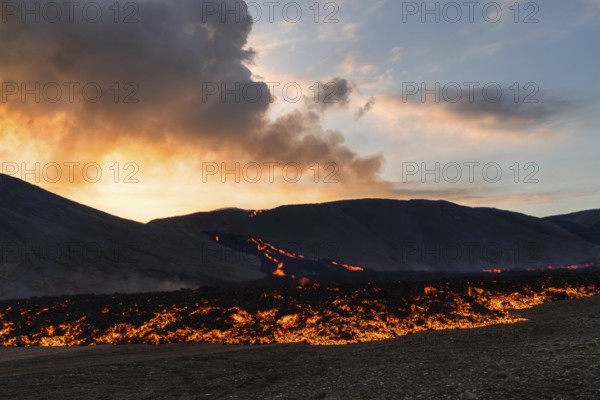 Lava flow glows in the evening light. Fagradalsfjall, Reykjanes, Iceland