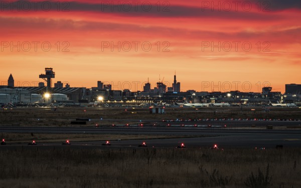 Airport with skyline at sunny sunrise. Frankfurt Airport, Hesse, Germany