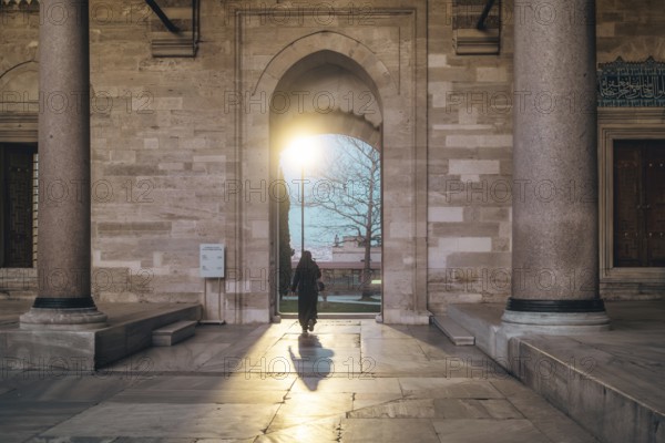 Mosque exit in the light. Suleymaniye Mosque. Fatih, Istanbul, Turkey