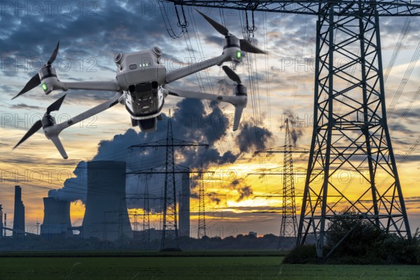 Symbolic image, photomontage, reconnaissance, spying with drones in industrial plants, critical infrastructure, drone flies towards an industrial complex, power plant, spying by camera drones