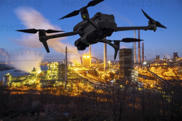 Symbolic image, photomontage, reconnaissance, spying with drones in industrial plants, critical infrastructure, drone flies towards an industrial complex, steelworks, spying by camera drones