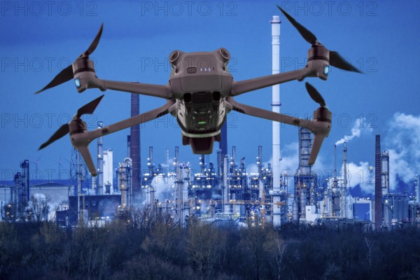 Symbolic image, photomontage, reconnaissance, spying with drones in industrial plants, critical infrastructure, drone flies towards an industrial complex, chemical plant, spying by camera drones