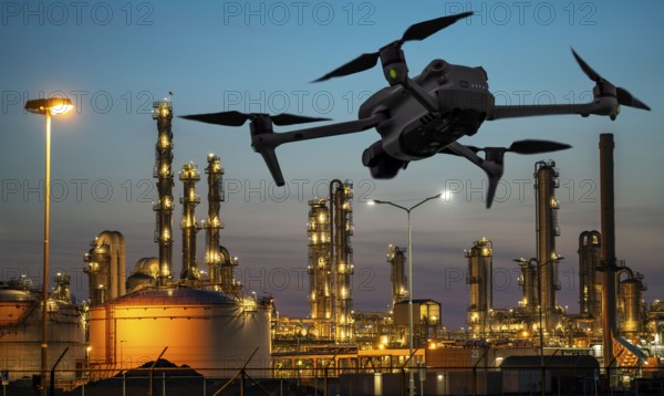 Symbolic image, photomontage, reconnaissance, spying with drones in industrial plants, critical infrastructure, drone flies towards an industrial complex, chemical plant, spying by camera drones