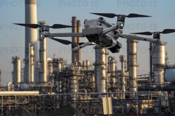 Symbolic image, photomontage, reconnaissance, spying with drones in industrial plants, critical infrastructure, drone flies towards an industrial complex, chemical plant, spying by camera drones