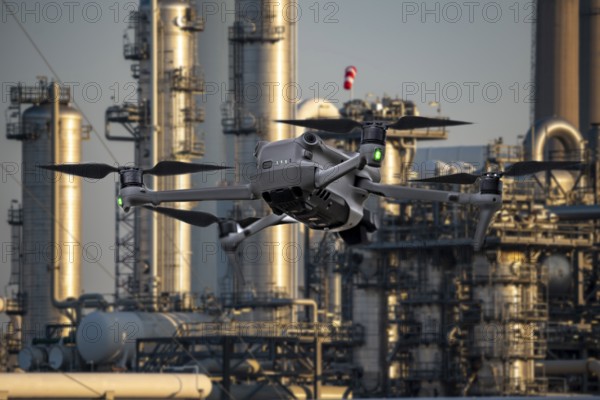 Symbolic image, photomontage, reconnaissance, spying with drones in industrial plants, critical infrastructure, drone flies towards an industrial complex, chemical plant, spying by camera drones